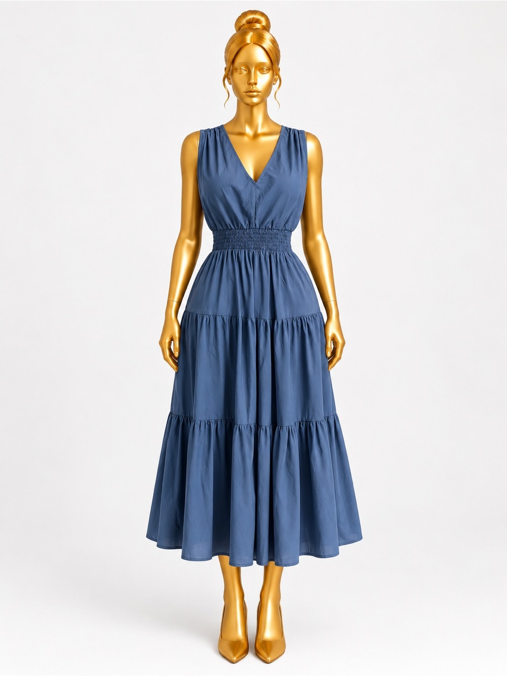 SHEIN XL Blue Sleeveless Smocked Waist Tiered Midi Dress V-Neck
